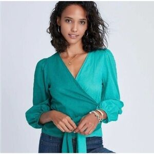 Farm Rio Anthropologie Color Block Teal Swiss Dot Wrap Blouse
